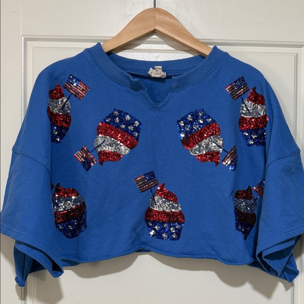 Peach Love California Blue Crop Top with Sequin Cupcake Design patriotic